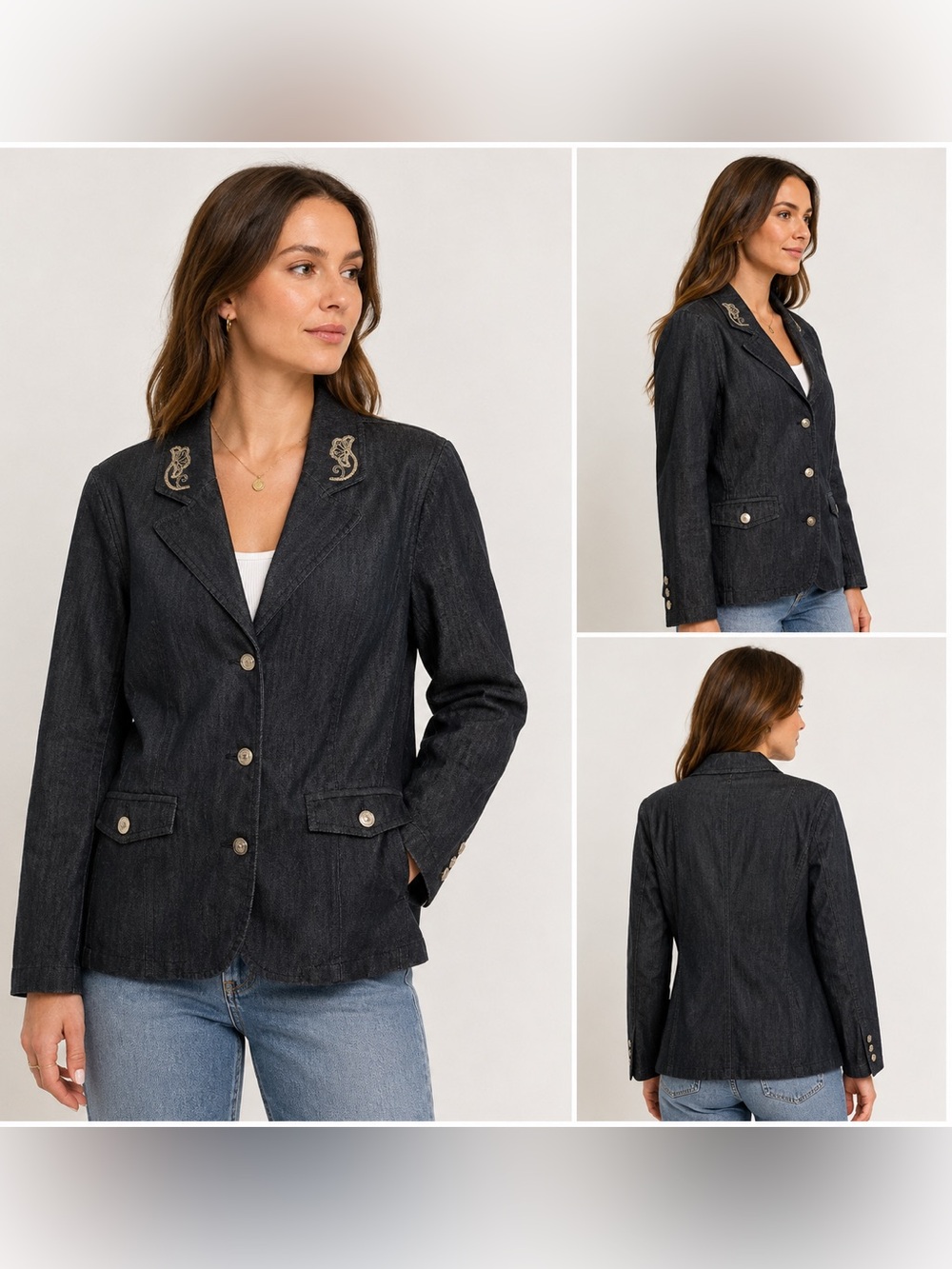 Simon Chang Embroidered Dark Denim Blazer Jacket Y2K Size 8 NWT